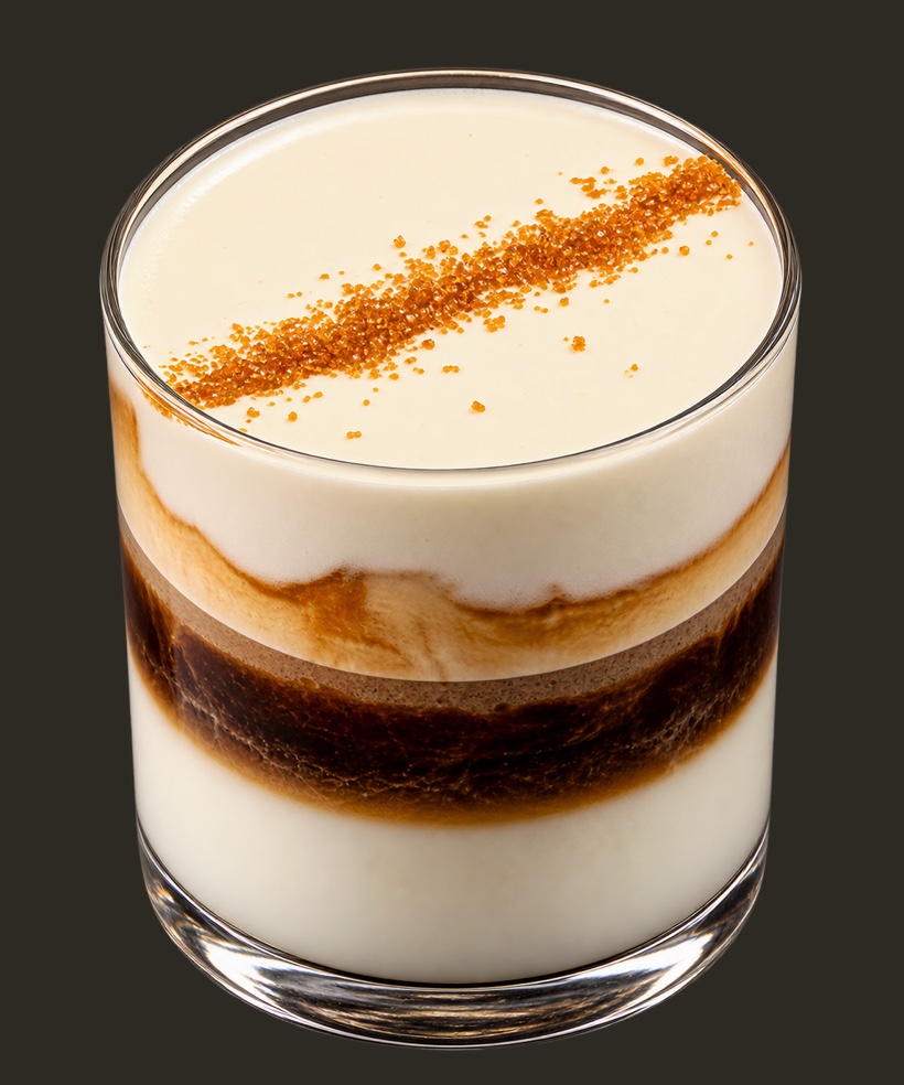 The Misugaru Latte: grain and espresso in layers under a white cream lid, finished with a line of roasted grain powder.