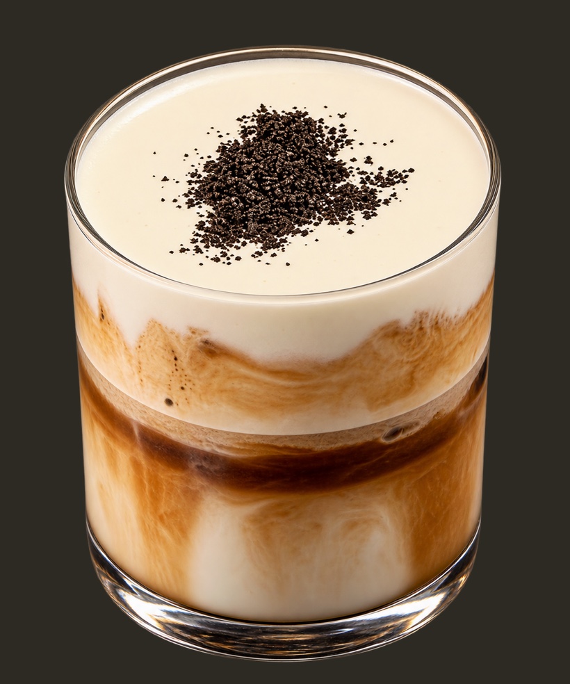 The Motiq Cream Top: a vanilla bean latte under a thick white cream lid, finished with a mound of dark powder.