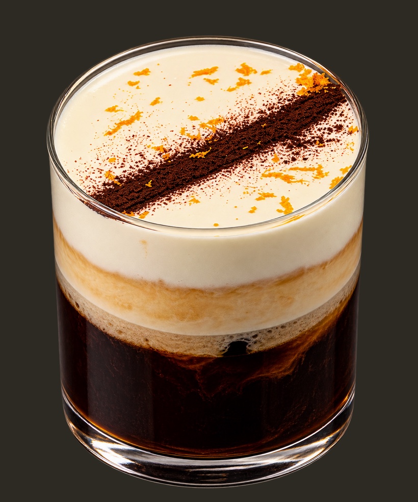 The Orange Zest Cream Top: dark iced americano beneath a white cream lid, dusted with cocoa and orange zest.