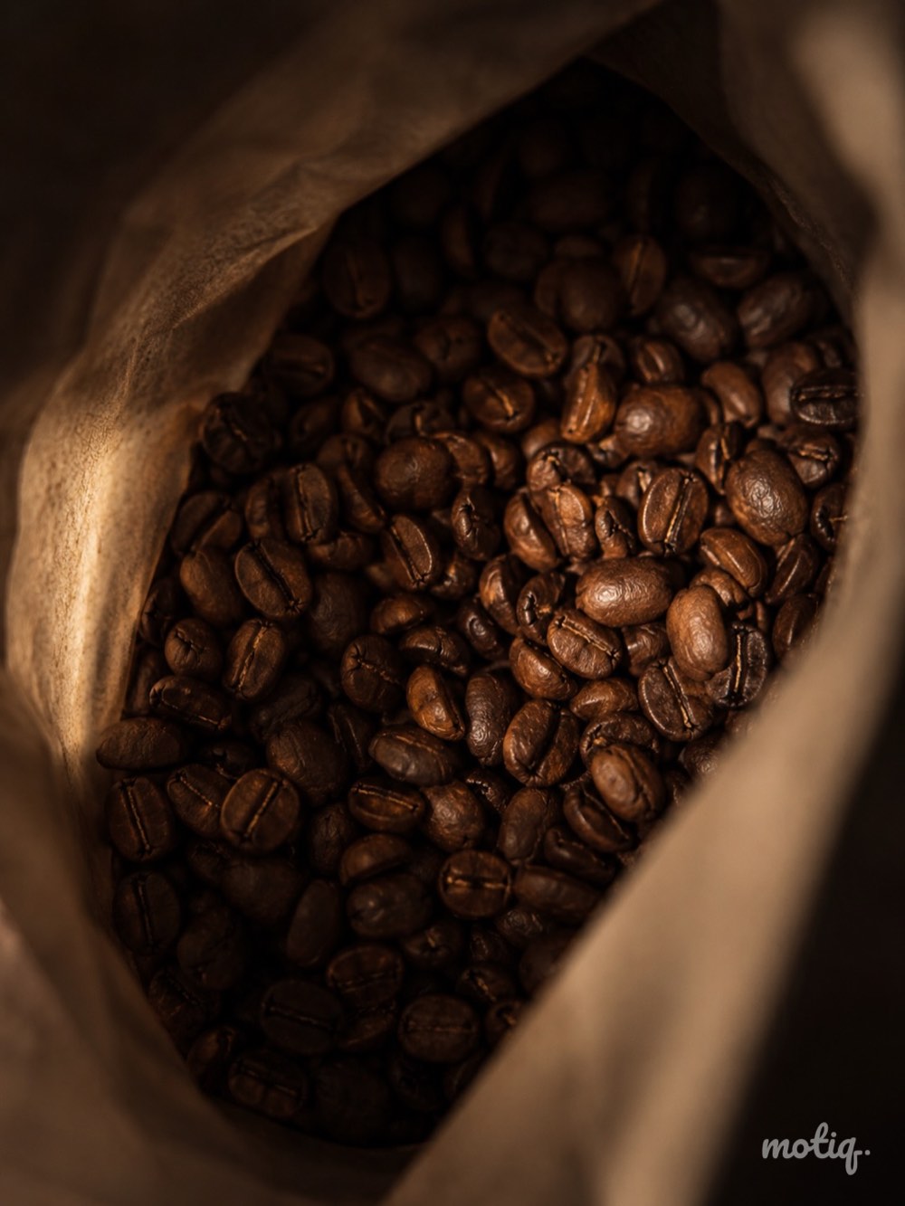 Roasted coffee beans inside an open kraft paper bag.