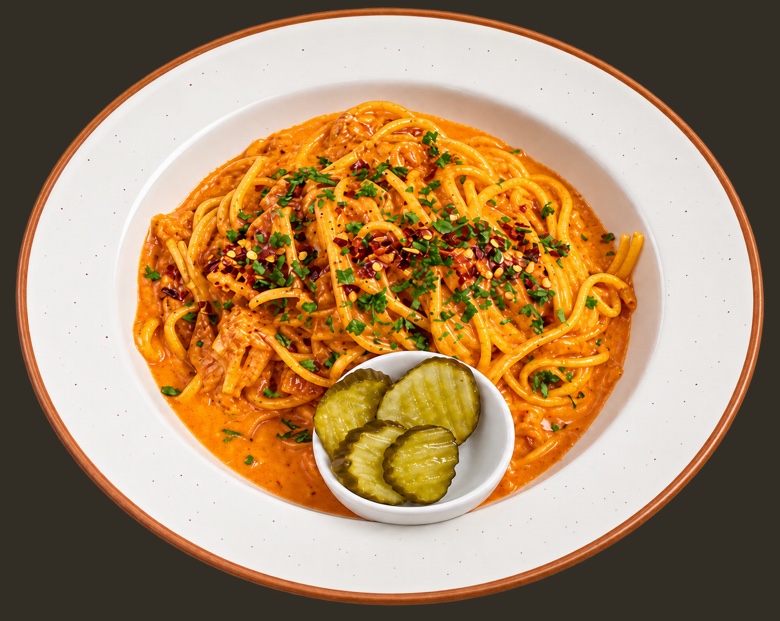 Kimchi carbonara in a creamy red-orange sauce, finished with chilli flakes and chopped herbs, with sliced pickles alongside.