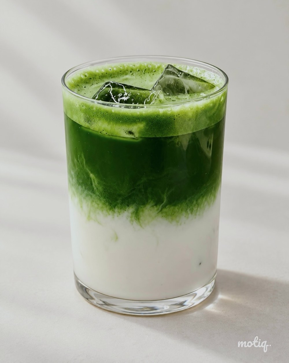 A finished matcha latte in a glass, dense green sitting over milk.