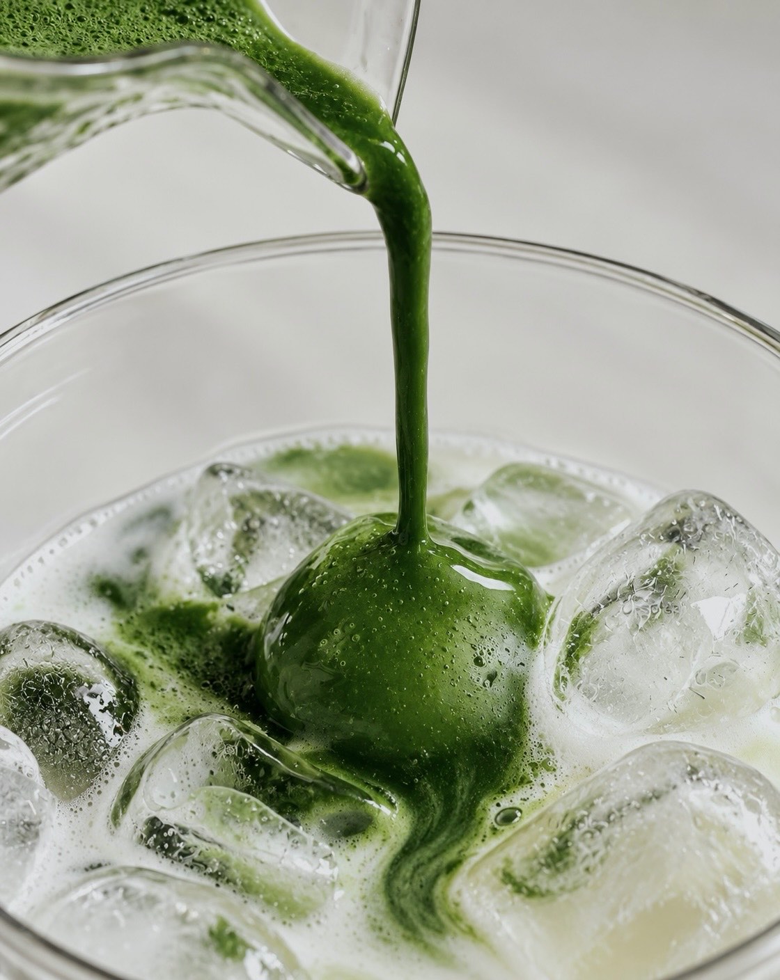 Close view of a thick stream of matcha landing on ice cubes in a glass of milk.